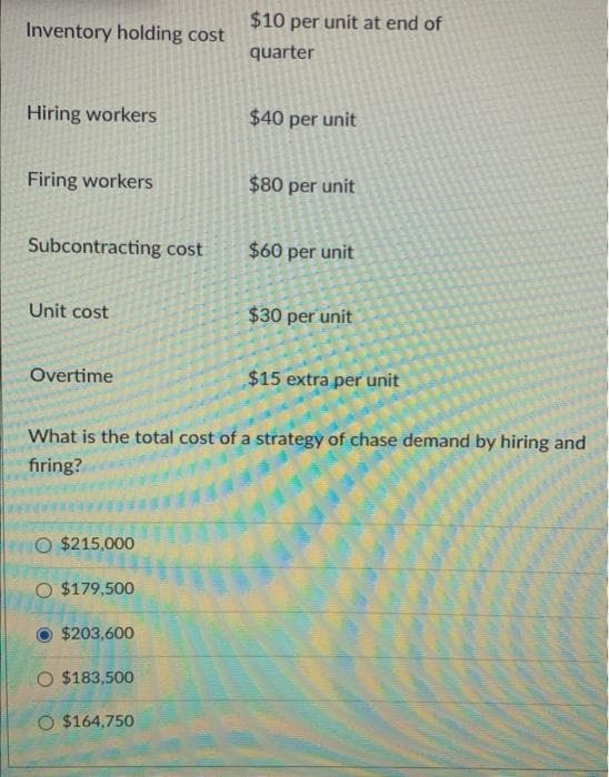 Inventory holding cost
Hiring workers
Firing workers
Subcontracting cost
Unit cost
Overtime
O $215,000
O $179,500
$203,600
$10 per unit at end of
quarter
O $183,500
O $164,750
$40 per unit
$80 per unit
What is the total cost of a strategy of chase demand by hiring and
firing?
$60 per unit
$30 per unit
$15 extra per unit