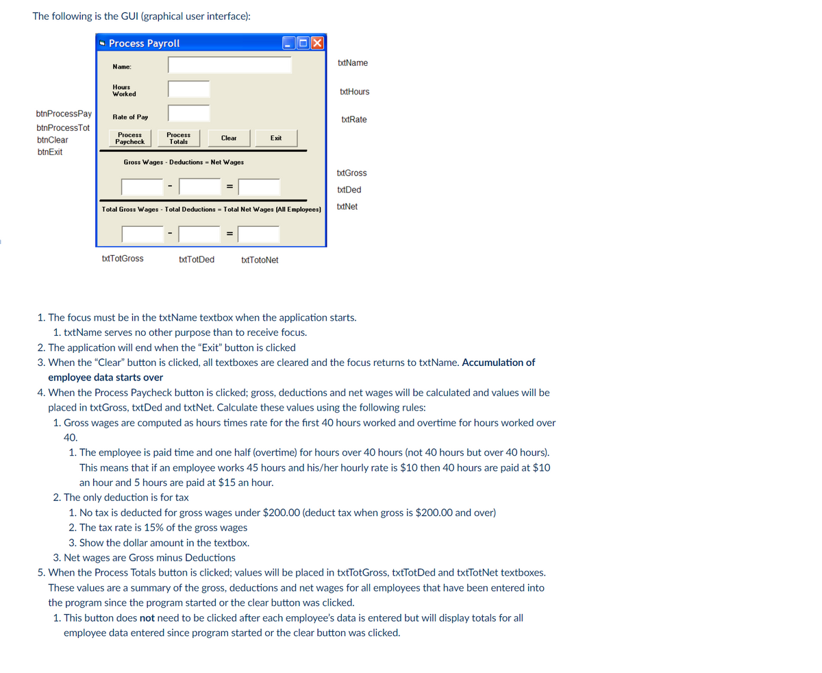 The following is the GUI (graphical user interface):
- Process Payroll
txtName
Name:
Hours
Worked
txtHours
btnProcessPay
Rate of Pay
txtRate
btnProcessTot
Process
Process
btnClear
Clear
Exit
Paycheck
Totals
btnExit
Gross Wages - Deductions = Net Wages
txtGross
%3D
txtDed
Total Gross Wages - Total Deductions = Total Net Wages (All Employees)
txtNet
%3D
txtTotGross
txtTotDed
txtTotoNet
1. The focus must be in the txtName textbox when the application starts.
1. txtName serves no other purpose than to receive focus.
2. The application will end when the "Exit" button is clicked
3. When the "Clear" button is clicked, all textboxes are cleared and the focus returns to txtName. Accumulation of
employee data starts over
4. When the Process Paycheck button is clicked; gross, deductions and net wages will be calculated and values will be
placed in txtGross, txtDed and txtNet. Calculate these values using the following rules:
1. Gross wages are computed as hours times rate for the first 40 hours worked and overtime for hours worked over
40.
1. The employee is paid time and one half (overtime) for hours over 40 hours (not 40 hours but over 40 hours).
This means that if an employee works 45 hours and his/her hourly rate is $10 then 40 hours are paid at $10
an hour and 5 hours are paid at $15 an hour.
2. The only deduction is for tax
1. No tax is deducted for gross wages under $200.00 (deduct tax when gross is $200.00 and over)
2. The tax rate is 15% of the gross wages
3. Show the dollar amount in the textbox.
3. Net wages are Gross minus Deductions
5. When the Process Totals button is clicked; values will be placed in txtTotGross, txtTotDed and txtTotNet textboxes.
These values are a summary of the gross, deductions and net wages for all employees that have been entered into
the program since the program started or the clear button was clicked.
1. This button does not need to be clicked after each employee's data is entered but will display totals for all
employee data entered since program started or the clear button was clicked.
