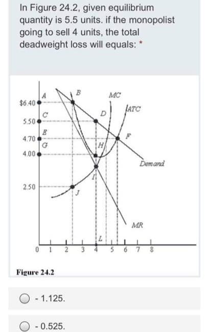 In Figure 24.2, given equilibrium
quantity is 5.5 units. if the monopolist
going to sell 4 units, the total
deadweight loss will equals: *
A
B
MC
$6.40
JATC
5.50
4.70
G
4.00
H
Demand
2.50
MR
6 7 8
Figure 24.2
- 1.125.
- 0.525.
