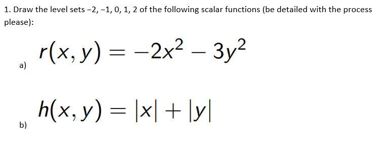 1. Draw the level sets -2, -1, 0, 1, 2 of the following scalar functions (be detailed with the process
please):
a)
b)
-2x² – 3y²
-
Зуг
r(x, y) = −2x²
h(x, y) = |x|+|y|