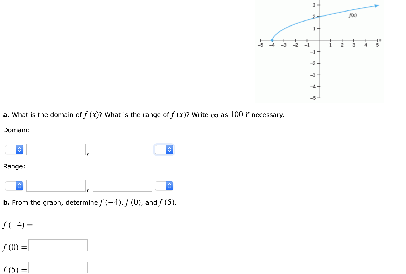 fa)
5 -4-3 2 -1
1 23 4 5
-1
-2
-3
-5
a. What is the domain of f (x)? What is the range of f (x)? Write oo as 100 if necessary.
Domain:
Range:
b. From the graph, determine f(4), f (0), and f (5)
f(-4) =
f(0) =
f (5)
