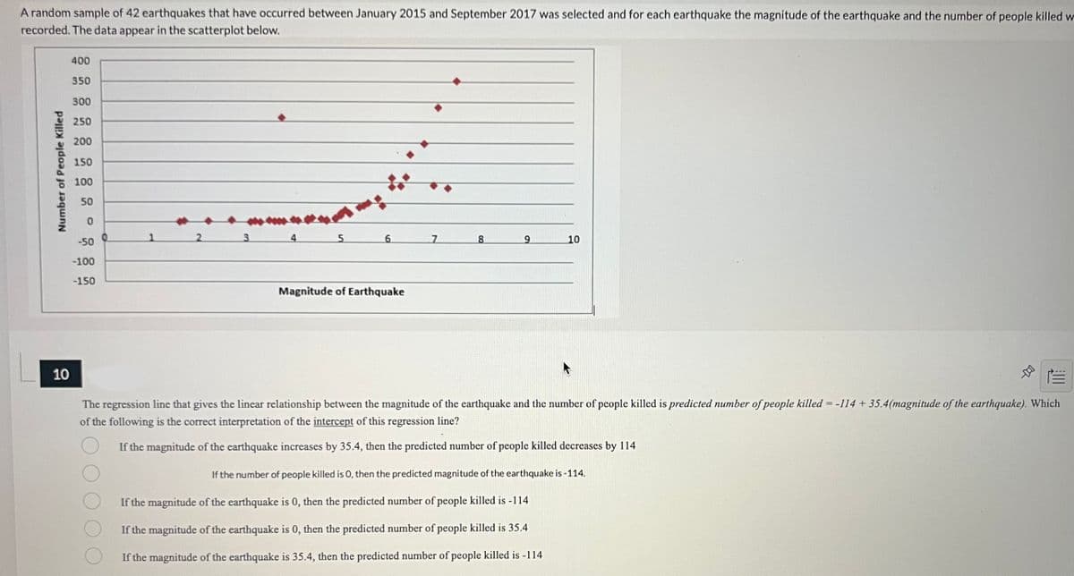 A random sample of 42 earthquakes that have occurred between January 2015 and September 2017 was selected and for each earthquake the magnitude of the earthquake and the number of people killed w
recorded. The data appear in the scatterplot below.
400
350
300
250
200
150
100
50
0
3
-50
7
8
9
10
-100
-150
Magnitude of Earthquake
10
The regression line that gives the linear relationship between the magnitude of the earthquake and the number of people killed is predicted number of people killed = -114 + 35.4(magnitude of the earthquake). Which
of the following is the correct interpretation of the intercept of this regression line?
If the magnitude of the earthquake increases by 35.4, then the predicted number of people killed decreases by 114
If the number of people killed is O, then the predicted magnitude of the earthquake is -114.
If the magnitude of the earthquake is 0, then the predicted number of people killed is -114
If the magnitude of the earthquake is 0, then the predicted number of people killed is 35.4
If the magnitude of the earthquake is 35.4, then the predicted number of people killed is -114
Number of People Killed
--