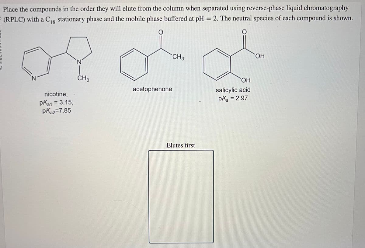 Place the compounds in the order they will elute from the column when separated using reverse-phase liquid chromatography
(RPLC) with a C18 stationary phase and the mobile phase buffered at pH = 2. The neutral species of each compound is shown.
O
of a d
CH 3
OH
N
N
CH3
OH
acetophenone
nicotine,
pKa1 = 3.15,
pK₂2=7.85
Elutes first
salicylic acid
pka = 2.97