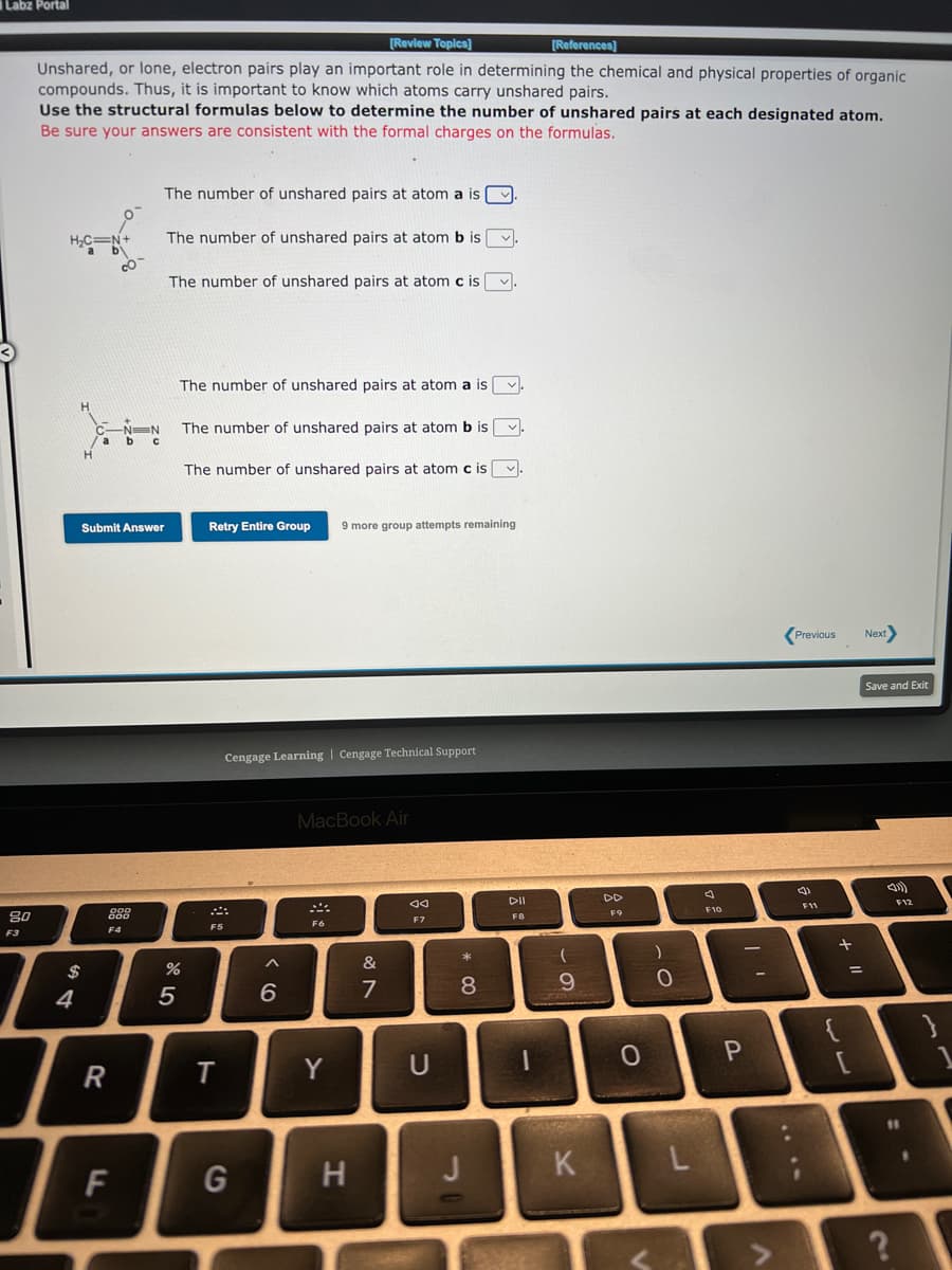 Labz Portal
[Review Topics]
[References)
Unshared, or lone, electron pairs play an important role in determining the chemical and physical properties of organic
compounds. Thus, it is important to know which atoms carry unshared pairs.
Use the structural formulas below to determine the number of unshared pairs at each designated atom.
Be sure your answers are consistent with the formal charges on the formulas.
The number of unshared pairs at atom a is
H,C=N+
The number of unshared pairs at atom b is
a
by
The number of unshared pairs at atom c is
The number of unshared pairs at atom a is
H
The number of unshared pairs at atomb is v.
C-NEN
a
H.
b
The number of unshared pairs at atom c is v
Submit Answer
Retry Entire Group
9 more group attempts remaining
Previous
Next
Save and Exit
Cengage Learning | Cengage Technial Support
MacBook Air
DII
DD
80
000
000
F12
F11
F8
F9
F10
F5
F6
F7
F3
F4
$
&
4
7
8
{
R
Y
U
P.
%3D
F
G
K
L
?
* 00
JU
