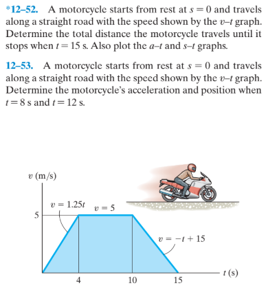 *12-52. A motorcycle starts from rest at s = 0 and travels
along a straight road with the speed shown by the v-t graph.
Determine the total distance the motorcycle travels until it
stops when t= 15 s. Also plot the a-t and s–t graphs.
12-53. A motorcycle starts from rest at s = 0 and travels
along a straight road with the speed shown by the v-t graph.
Determine the motorcycle's acceleration and position when
t= 8 s and t= 12 s.
v (m/s)
v = 1.25t v = 5
5
v = -1+ 15
– t (s)
10
15
