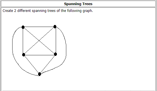 Spanning Trees
Create 2 different spanning trees of the following graph.
