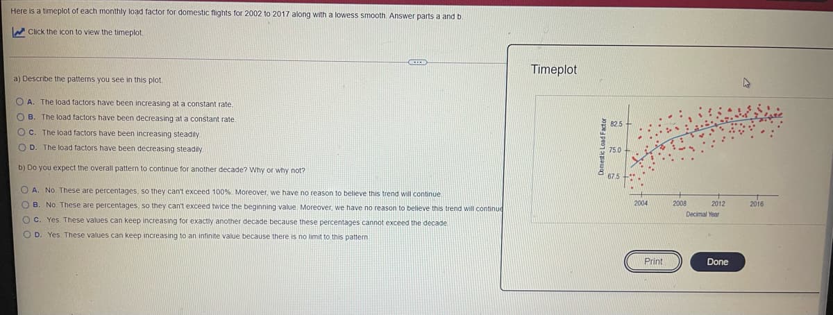 Here is a timeplot of each monthly load factor for domestic flights for 2002 to 2017 along with a lowess smooth Answer parts a and b.
A Click the icon to view the timeplot.
Timeplot
a) Describe the patterns you see in this plot.
O A. The load factors have been increasing at a constant rate.
OB.
The load factors have been decreasing at a constant rate
82.5
Oc.
The load factors have been increasing steadily
O D. The load factors have been decreasing steadily.
75.0
b) Do you expect the overall pattern to continue for another decade? Why or why not?
67.5
O A. No. These are percentages, so they can't exceed 100% Moreover, we have no reason to believe this trend will continue
O B. No. These are percentages, so they can't exceed twice the beginning value. Moreover, we have no reason to believe this trend will continue
2004
2008
2012
2016
Decimal Year
O C. Yes. These values can keep increasing for exactly another decade because these percentages cannot exceed the decade
O D. Yes. These values can keep increasing to an infinite value because there is no limit to this pattern
Print
Done
