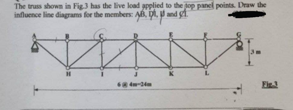 The truss shown in Fig.3 has the live load applied to the top panel points. Draw the
influence line diagrams for the members: AB, DI, and ef.
H
J
6@4m-24m
K
3 m
Fig.3