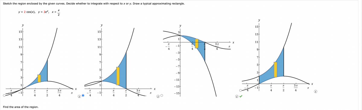 Sketch the region enclosed by the given curves. Decide whether to integrate with respect to x or y. Draw a typical approximating rectangle.
20
T
y = 2 cos(x), y = 2ex, x =
y
15
13
11
9
5
3
1F
π
4
Find the area of the region.
π
2
2
Зл
4
म
X
π
4
y
15
13
11
9
7
5
3
1
π
4
π
2
Зл
π
X
π
4
y
3
1
-1
-3
-5
-7
-9
-11
-13
-15
4
Зл
4
म
X
π
y
15
13
11
9
7
5
3
1
-1
π
4
π
2
3″
4
R
X