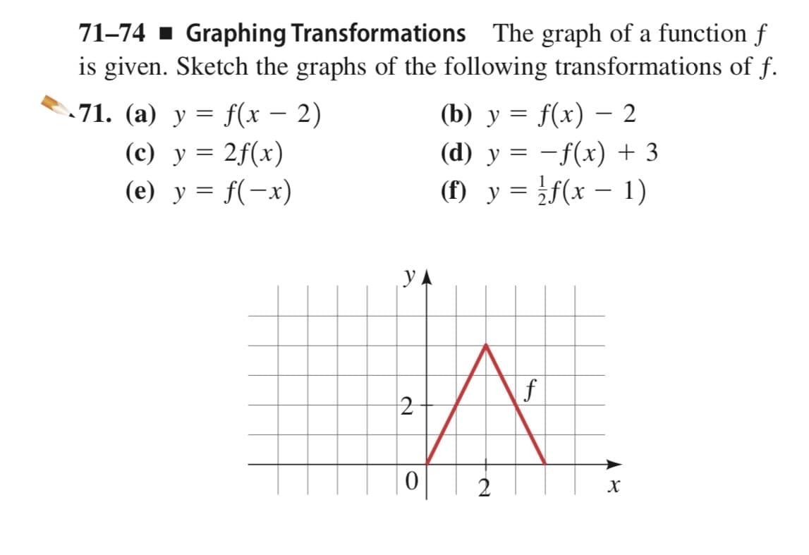 71–74 1 Graphing Transformations The graph of a function f
is given. Sketch the graphs of the following transformations of f.
-71. (а) у 3D f(х — 2)
(b) у %3D f(x) 2
(c) y = 2f(x)
(e) y = f(-x)
(d) y = -f(x) + 3
(f) y = f(x – 1)
%3D
YA
HA
f
2
2
