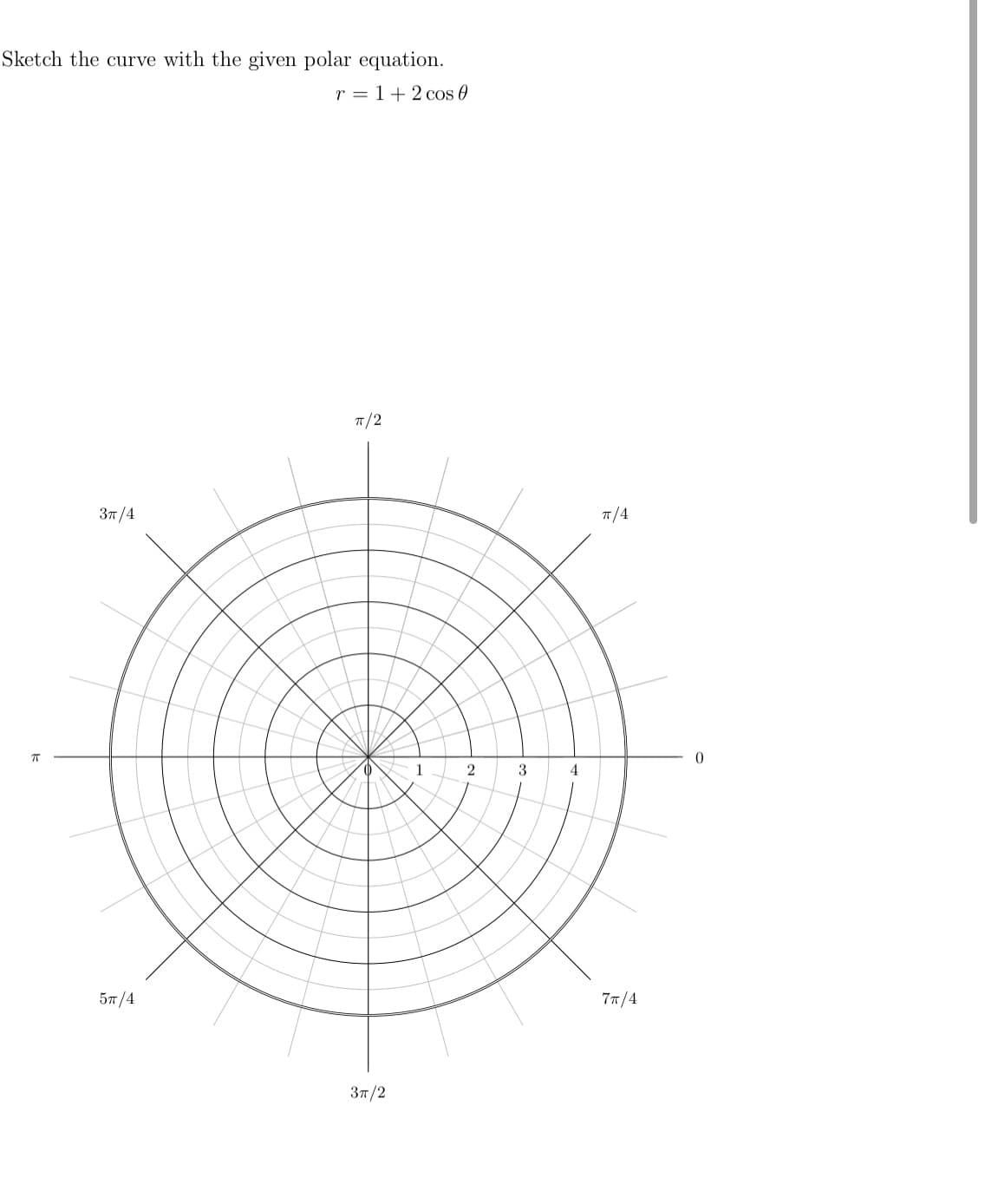 Sketch the curve with the given polar equation.
r = 1+2 cos 0
7/2
Зп /4
T/4
4
57/4
77/4
Зт /2
