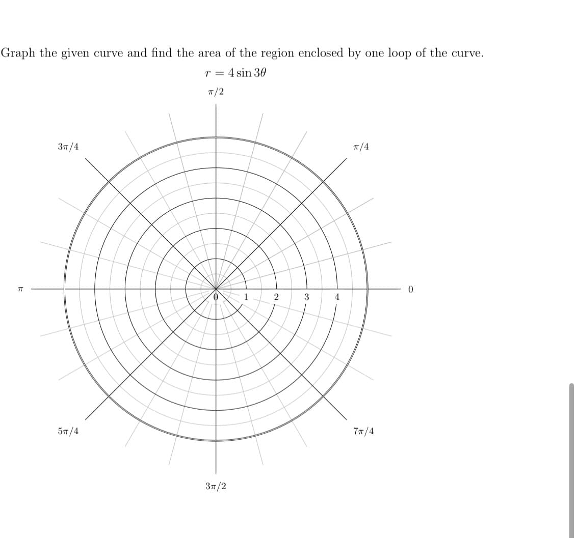 Graph the given curve and find the area of the region enclosed by one loop of the curve.
r = 4 sin 3O
T/2
Зп /4
T/4
1
3
4
57/4
77/4
Зп /2
