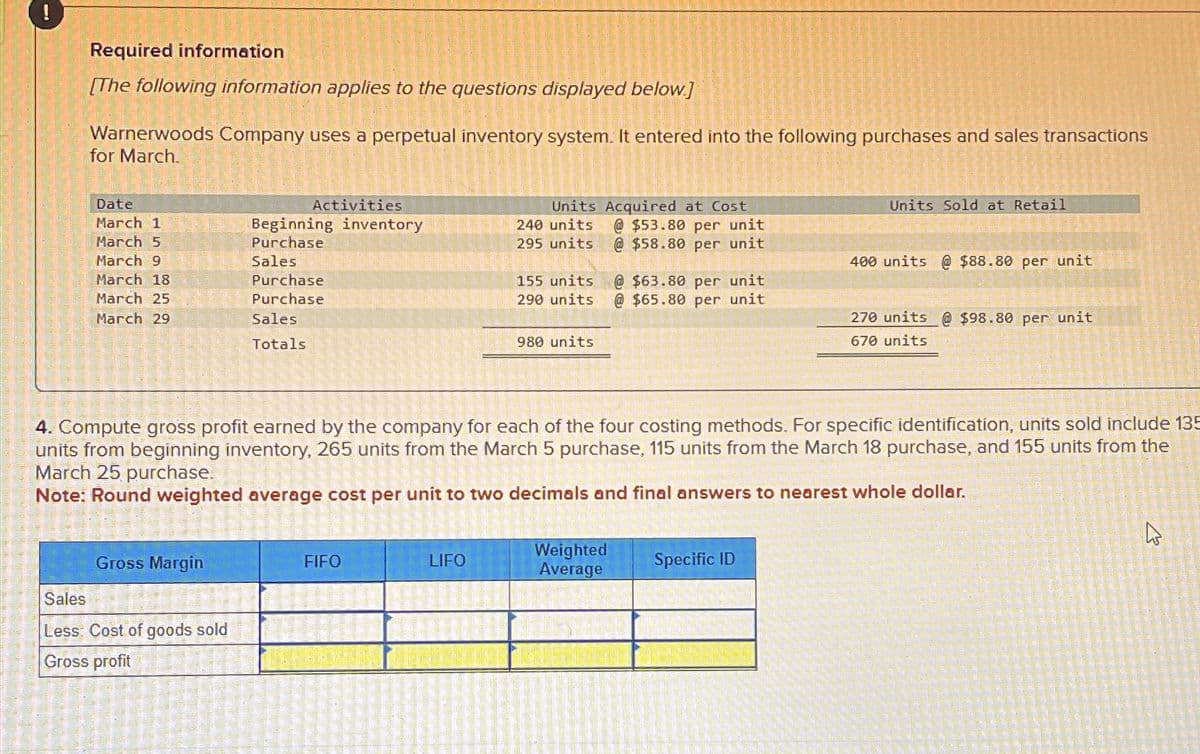 Required information
[The following information applies to the questions displayed below.]
Warnerwoods Company uses a perpetual inventory system. It entered into the following purchases and sales transactions
for March.
Date
March 1
March 5
March 9
March 18
March 25
March 29
Gross Margin
Sales
Less Cost of goods sold
Gross
profit
OF 300 Ft 30
em que se sunc
Pfleglicallic al
Activities
Beginning inventory
Purchase
Sales
Purchase
Purchase
Sales
Totals
40 45 30 50 10
2200 20
TO THE TER
IN 2005-200 200²-200
4. Compute gross profit earned by the company for each of the four costing methods. For specific identification, units sold include 135
units from beginning inventory, 265 units from the March 5 purchase, 115 units from the March 18 purchase, and 155 units from the
March 25 purchase.
Note: Round weighted average cost per unit to two decimals and final answers to nearest whole dollar.
FIFO
20-30 pea
Beer
C
WOW MET
me calcul
STAN ALBA
Units Acquired at Cost
@ $53.80 per unit
@ $58.80 per unit
LIFO
240 units
295 units
155 units
290 units
980 units
@ $63.80 per unit
@ $65.80 per unit
Weighted
Average
Units Sold at Retail
Specific ID
400 units @ $88.80 per unit
270 units@ $98.80 per unit
670 units
A