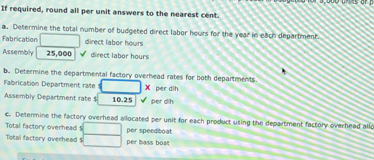 If required, round all per unit answers to the nearest cent.
a. Determine the total number of budgeted direct labor hours for the year in each department.
Fabrication
direct labor hours
Assembly 25,000✔ direct labor hours
b. Determine the departmental factory overhead rates for both departments.
Fabrication Department rate
X per dlh
Assembly Department rate $ 10.25 ✓ per dih
of p
c. Determine the factory overhead allocated per unit for each product using the department factory overhead allo-
Total factory overhead $
per speedboat
Total factory overhead $
per bass boat