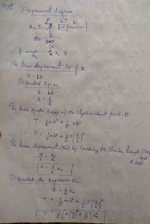 R. Im fu
Or
K2
Diffrntial Egn en
9.
The fotal Kintio Eveyy af .
the System akmit pivet. 0.
T= !mx² +
Re liven dipheement, (Mm.) by Condering the Similks toriengle (Onp
and
A ORS
a
a
Diffrentiate the Expremion Omer-
a
1.
m.
