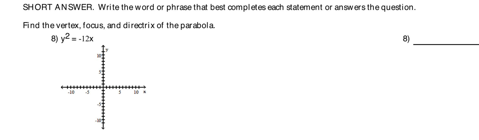 SHORT ANSWER. Write the word or phrase that best completes each statement or answ ers the question.
Find the vertex, focus, and directrix of the parabola.
8) y2 = -12x
8)
10t
-10
10 x
-10
