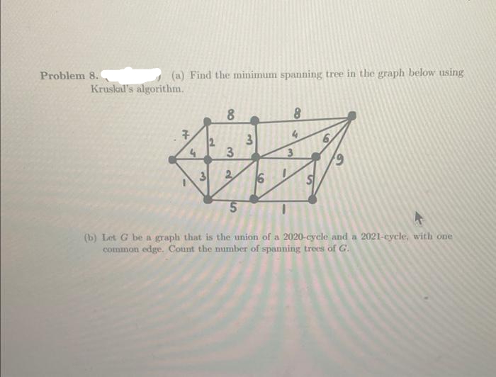 Problem 8.
(a) Find the minimum spanning tree in the graph below using
Kruskal's algorithm.
8.
8.
2
3
2
(b) Let G be a graph that is the union of a 2020-cycle and a 2021-cycle, with one
common edge. Count the number of spanning trees of G.
3.
3.
00
3.
