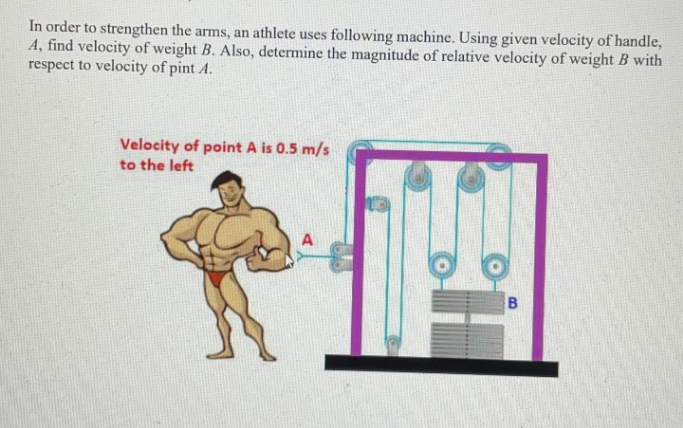 In order to strengthen the arms, an athlete uses following machine. Using given velocity of handle,
A, find velocity of weight B. Also, determine the magnitude of relative velocity of weight B with
respect to velocity of pint A.
Velocity of point A is 0.5 m/s
to the left
