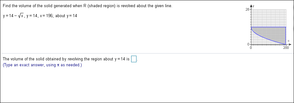 Find the volume of the solid generated when R (shaded region) is revolved about the given line.
28-
- Vx , y = 14, x
y14
196; about y= 14
200
The volume of the solid obtained by revolving the region about y 14 is
(Type an exact answer, using
T as needed.)
