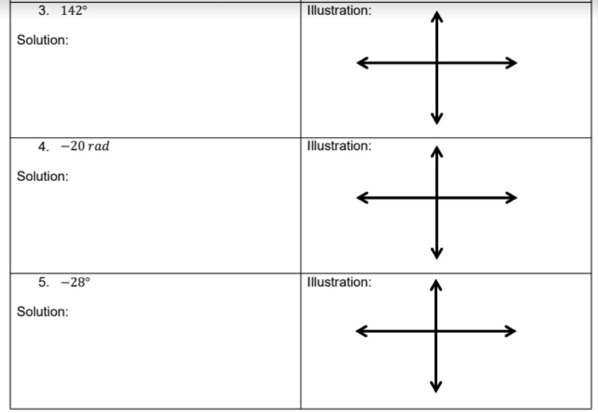 3. 142°
Illustration:
Solution:
4. -20 rad
Illustration:
Solution:
5. -28°
Illustration:
Solution:
