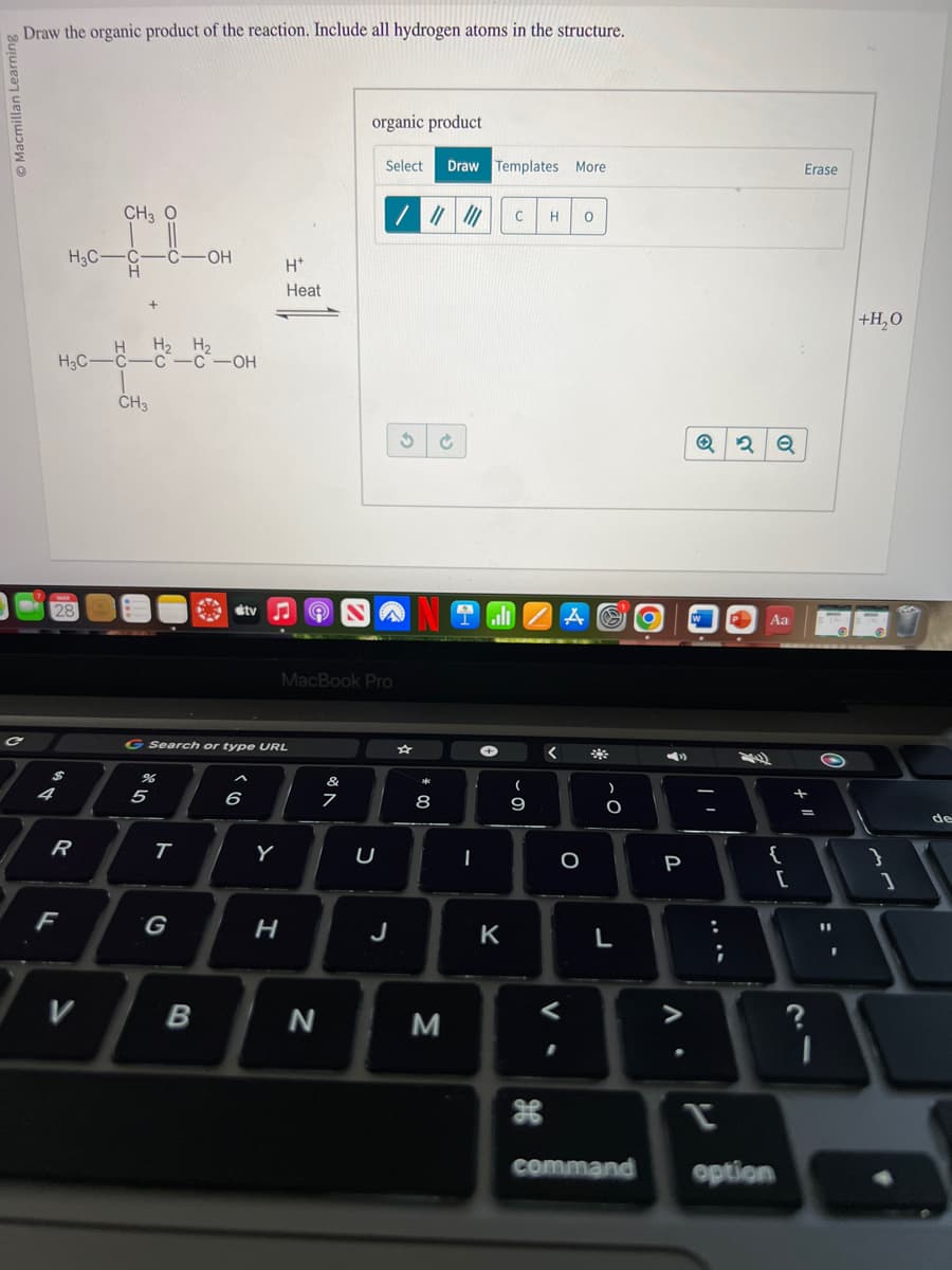 Macmillan Learnin
Draw the organic product of the reaction. Include all hydrogen atoms in the structure.
C
4
H3C
H₂C
R
F
V
CH3 O
_H_H₂_H²-OH
CH3
y
5
T
-OH
G Search or type URL
G
B
tv
6
Y
H*
Heat
MacBook Pro
H
N
veo
&
organic product
Select Draw Templates More
7
U
☆
///// C H 0
8
M
1
I
K
(
9
<
O
S
܀܀
)
O.
L
command
P
Q 2 Q
Aa
{
لال
[
option
Erase
41
=
I
+H₂O
}
1
de