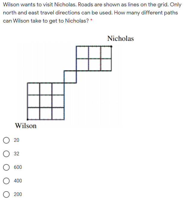 Wilson wants to visit Nicholas. Roads are shown as lines on the grid. Only
north and east travel directions can be used. How many different paths
can Wilson take to get to Nicholas? *
Nicholas
Wilson
O 20
О 32
600
400
200
