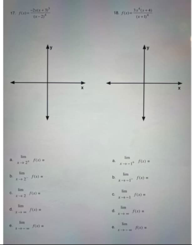 17. f(x) = -2x(x+3)³
(x-2)
lim
3+2+ f(x) =
lim
lim
X-2
f(x) =
18. f(x)= 3x²(x+4)
a.
b.
C.
d.
e.
lim
lim
x->-1 f(x) =
lim
lim
+ f(x) =
lim
f(x) =