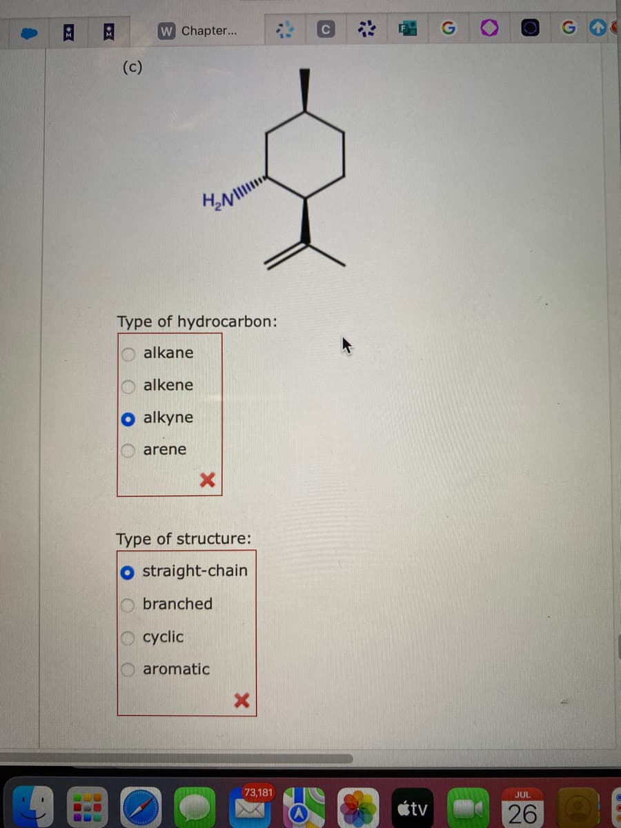 A
BE
M
(c)
W Chapter...
H₂N
Type of hydrocarbon:
O alkane
alkene
alkyne
arene
X
Type of structure:
straight-chain
branch
cyclic
aromatic
X
73,181
4
с
tv
G
●
JUL
26
G