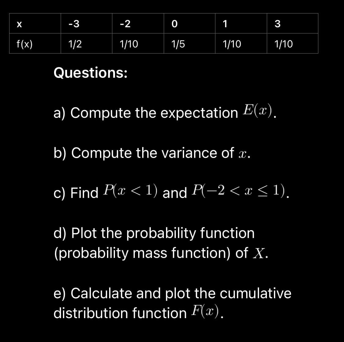 X
-3
-2
0
1
3
f(x)
1/2
1/10
1/5
1/10
1/10
Questions:
a) Compute the expectation E(x).
b) Compute the variance of x.
c) Find P(x < 1) and P(−2 < x ≤ 1).
d) Plot the probability function
(probability mass function) of X.
e) Calculate and plot the cumulative
distribution function F(x).