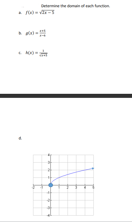 Determine the domain of each function.
a. f(x)=√√2x - 5
b. g(x) =
c. h(x) =
d.
IN
x+5
X-6
√x+5
4
3
2
1
-1
-2
-3
T
A
1
2
3
4
5