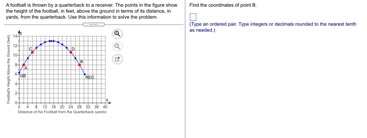 A football is thrown by a quarterback to a receiver. The points in the figure show
the height of the football, in feet, above the ground in terms of its distance, in
yards, from the quarterback. Use this information to solve the problem.
Find the coordinates of point B.
(Type an ordered pair. Type integers or decimals rounded to the nearest tenth
as needed.)
14-
12-
C.
ID
10-
NB
8-
TA
6TOB
REC
4-
2-
0-
12 16 20 24 28 32 36 40
Distance of the Football from the Quarterback (yards)
