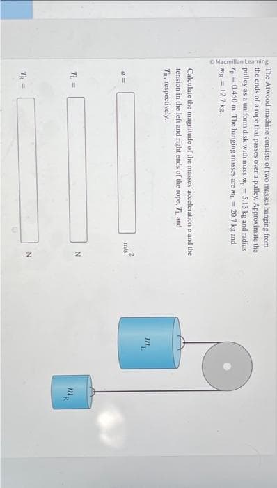 Macmillan Learning
The Atwood machine consists of two masses hanging from
the ends of a rope that passes over a pulley. Approximate the
pulley as a uniform disk with mass m₂ = 5.13 kg and radius
rp=0.450 m. The hanging masses are m = 20.7 kg and
mg = 12.7 kg.
Calculate the magnitude of the masses' acceleration a and the
tension in the left and right ends of the rope, 7₁, and
TR. respectively.
a=
TL =
TR =
2
m/s
N
m₁
111