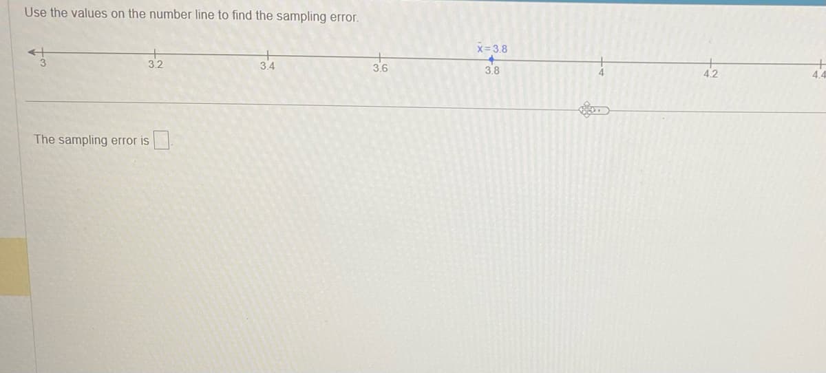 Use the values on the number line to find the sampling error.
3.2
The sampling error is ☐
3.4
x=3.8
+
3.6
3.8
4.2
+
4.4