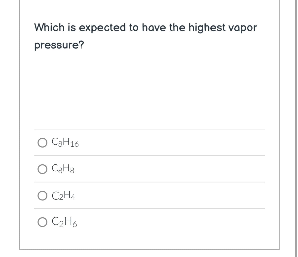 Which is expected to have the highest vapor
pressure?
O C8H16
O C8Hg
O C₂H4
O C₂H6