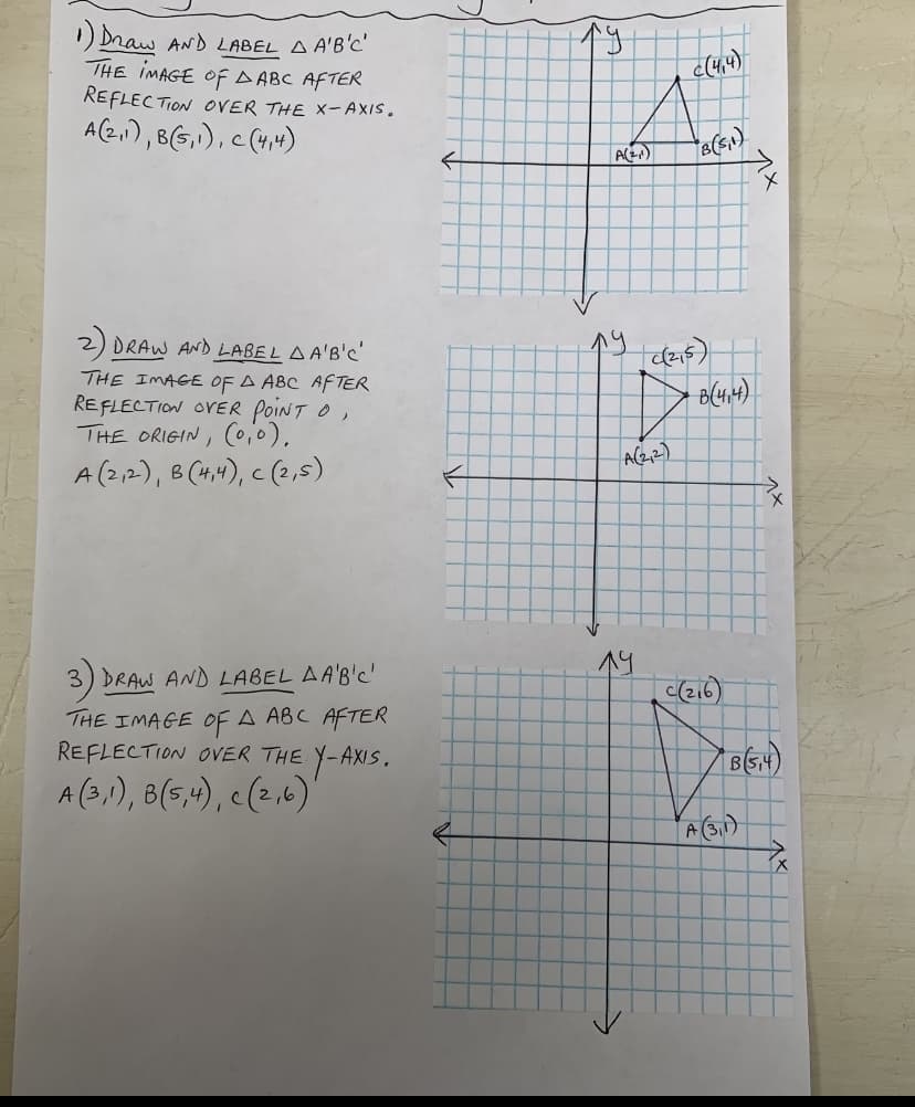 ) Draw AND LABEL A A'B'C'
THE IMAGE OF A ABC AFTER
REFLECTION OVER THE X-AXIS.
c(4,.4)
A(2,1),B(5,1), c (4,4)
B(S)
2) DRAW AND LABEL AA'B'C'
THE IMAGE OF A ABC AFTER
REFLECTION OVER POINT O,
THE ORIGIN, (o,0).
A (2,12), B(4,4), c (2,s)
A(2,2)
3) DRAW AND LABEL AA'B'c'
14
THE IMAGE OF A ABC AFTER
REFLECTION OVER THE Y-AXIS.
A (3,), B(5,4), c(2,6)'
A(3,1)
