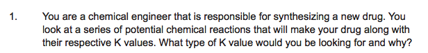 1.
You are a chemical engineer that is responsible for synthesizing a new drug. You
look at a series of potential chemical reactions that will make your drug along with
their respective K values. What type of K value would you be looking for and why?
