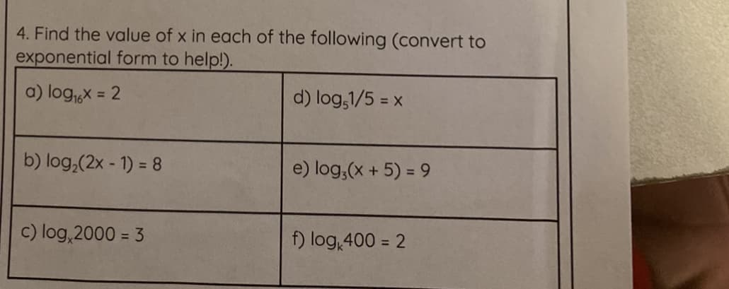 4. Find the value of x in each of the following (convert to
exponential form to help!).
a) logeX = 2
d) log,1/5 = x
%3D
b) log,(2x - 1) = 8
e) log,(x + 5) = 9
c) log, 2000 = 3
f) log,400 = 2
%3D
