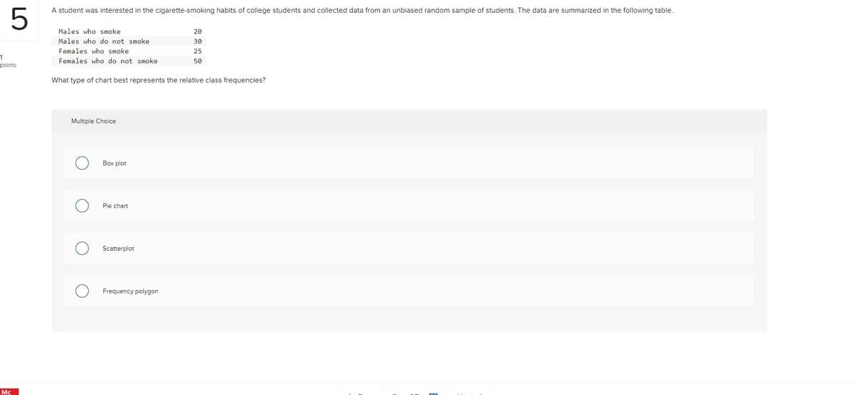 5
A student was interested in the cigarette-smoking habits of college students and collected data from an unbiased random sample of students. The data are summarized in the following table.
Males who smoke
20
Males who do not smoke
30
Females who smoke
25
Females who do not smoke
50
polnts
What type of chart best represents the relative class frequencies?
Multiple Choice
Вох plot
Pie chart
Scatterplot
Frequency polygon
Mc
