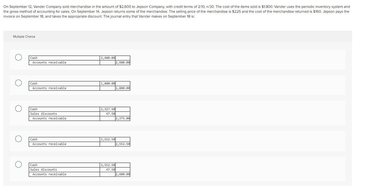 On September 12, Vander Company sold merchandise in the amount of $2,600 to Jepson Company, with credit terms of 2/10, n/30. The cost of the items sold is $1,800. Vander uses the periodic inventory system and
the gross method of accounting for sales. On September 14, Jepson returns some of the merchandise. The selling price of the merchandise is $225 and the cost of the merchandise returned is $160. Jepson pays the
invoice on September 18, and takes the appropriate discount. The journal entry that Vander makes on September 18 is:
Multiple Choice
Cash
2,600.00
Accounts receivable
2,600.00
Cash
1,800.00
Accounts receivable
1,800.00
2,327.50
47.50
Cash
Sales discounts
Accounts receivable
2,375.00
Cash
2,552.50
Accounts receivable
2,552.50
2,552.50
47.50
Cash
Sales discounts
Accounts receivable
2,600.00
