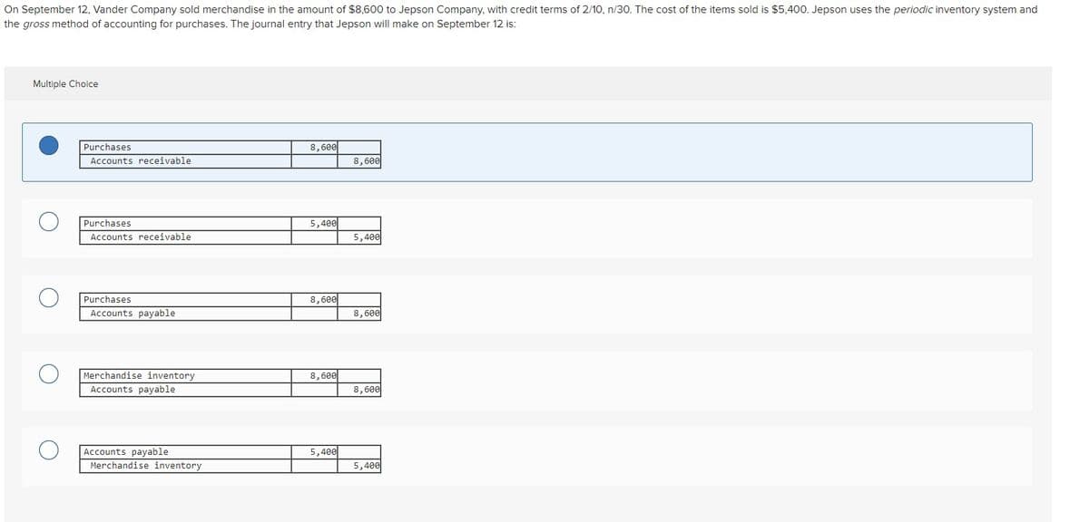 On September 12, Vander Company sold merchandise in the amount of $8,600 to Jepson Company, with credit terms of 2/10, n/30. The cost of the items sold is $5,400. Jepson uses the periodic inventory system and
the gross method of accounting for purchases. The journal entry that Jepson will make on September 12 is:
Multiple Choice
Purchases
8,600
Accounts receivable
8,600
Purchases
5,400
Accounts receivable
5,400
Purchases
8,600
Accounts payable
8,600
Merchandise inventory
Accounts payable
8,600
8,600
Accounts payable
Merchandise inventory
5,400
5,400
