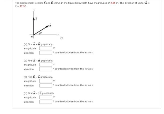 The displacement vectors A and B shown in the figure below both have magnitudes of 2.85 m. The direction of vector A is
0=27.5º.
(a) Find A + B graphically.
magnitude
direction.
m
(b) Find A - B graphically.
magnitude
direction
m
(c) Find B-A graphically.
magnitude
direction
counterclockwise from the +x axis
(d) Find A-28 graphically.
magnitude
direction
counterclockwise from the +x axis
m
counterclockwise from the +x axis
m
counterclockwise from the +x axis