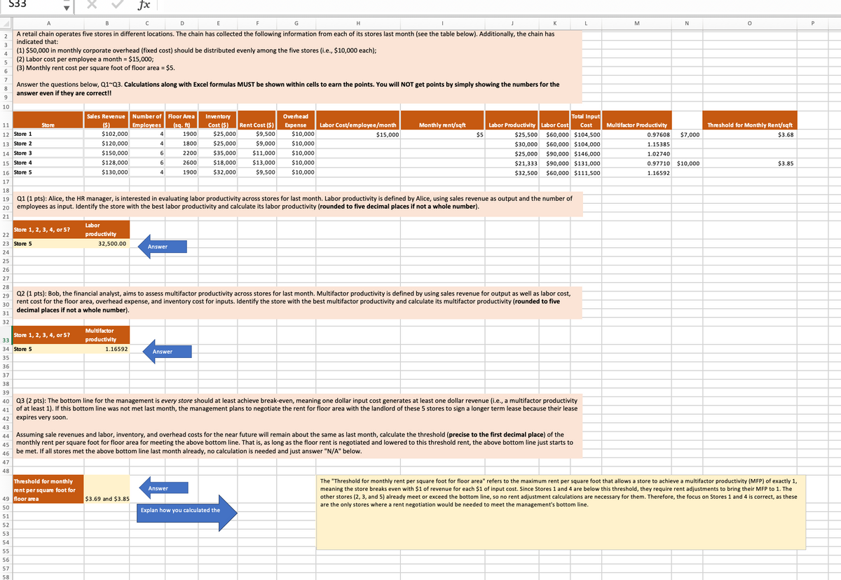 S33
A
B
fx
C
D
E
F
H
K
L
M
N
P
2
A retail chain operates five stores in different locations. The chain has collected the following information from each of its stores last month (see the table below). Additionally, the chain has
indicated that:
3
(1) $50,000 in monthly corporate overhead (fixed cost) should be distributed evenly among the five stores (i.e., $10,000 each);
4
5
(2) Labor cost per employee a month = $15,000;
(3) Monthly rent cost per square foot of floor area = $5.
6
7
8
Answer the questions below, Q1 Q3. Calculations along with Excel formulas MUST be shown within cells to earn the points. You will NOT get points by simply showing the numbers for the
answer even if they are correct!!
9
10
11
Store
12 Store 1
Sales Revenue
($)
$102,000
Number of
Employees
4
Floor Area
(sq. ft)
1900
Inventory
Cost ($)
$25,000
Rent Cost ($)
$9,500
Overhead
Expense
$10,000
Labor Cost/employee/month
Monthly rent/sqft
$15,000
$5
13 Store 2
$120,000
4
1800
$25,000
$9,000
$10,000
Labor Productivity Labor Cost
$25,500
$30,000
Total Input
Cost
$60,000 $104,500
$60,000 $104,000
Multifactor Productivity
0.97608
1.15385
Threshold for Monthly Rent/sqft
$7,000
$3.68
14 Store 3
$150,000
6
2200
$35,000
$11,000
$10,000
$25,000
$90,000 $146,000
1.02740
15 Store 4
$128,000
6
$130,000
4
2600
1900
$18,000
$32,000
$13,000
$9,500
$10,000
$10,000
$21,333
$32,500
$90,000 $131,000
$60,000 $111,500
0.97710 $10,000
$3.85
1.16592
16 Store 5
17
18
19
20
Q1 (1 pts): Alice, the HR manager, is interested in evaluating labor productivity across stores for last month. Labor productivity is defined by Alice, using sales revenue as output and the number of
employees as input. Identify the store with the best labor productivity and calculate its labor productivity (rounded to five decimal places if not a whole number).
21
Store 1, 2, 3, 4, or 5?
22
23 Store 5
Labor
productivity
32,500.00
Answer
24
25
26
27
28
29
30
31
Q2 (1 pts): Bob, the financial analyst, aims to assess multifactor productivity across stores for last month. Multifactor productivity is defined by using sales revenue for output as well as labor cost,
rent cost for the floor area, overhead expense, and inventory cost for inputs. Identify the store with the best multifactor productivity and calculate its multifactor productivity (rounded to five
decimal places if not a whole number).
32
Multifactor
Store 1, 2, 3, 4, or 5?
33
productivity
34 Store 5
1.16592
Answer
35
36
37
38
39
40
41
42
43
Q3 (2 pts): The bottom line for the management is every store should at least achieve break-even, meaning one dollar input cost generates at least one dollar revenue (i.e., a multifactor productivity
of at least 1). If this bottom line was not met last month, the management plans to negotiate the rent for floor area with the landlord of these 5 stores to sign a longer term lease because their lease
expires very soon.
44 Assuming sale revenues and labor, inventory, and overhead costs for the near future will remain about the same as last month, calculate the threshold (precise to the first decimal place) of the
monthly rent per square foot for floor area for meeting the above bottom line. That is, as long as the floor rent is negotiated and lowered to this threshold rent, the above bottom line just starts to
be met. If all stores met the above bottom line last month already, no calculation is needed and just answer "N/A" below.
45
46
47
48
Threshold for monthly
rent per square foot for
Answer
49 floor are a
$3.69 and $3.85
Explan how you calculated the
50
51
52
53
54
55
56
57
58
The "Threshold for monthly rent per square foot for floor area" refers to the maximum rent per square foot that allows a store to achieve a multifactor productivity (MFP) of exactly 1,
meaning the store breaks even with $1 of revenue for each $1 of input cost. Since Stores 1 and 4 are below this threshold, they require rent adjustments to bring their MFP to 1. The
other stores (2, 3, and 5) already meet or exceed the bottom line, so no rent adjustment calculations are necessary for them. Therefore, the focus on Stores 1 and 4 is correct, as these
are the only stores where a rent negotiation would be needed to meet the management's bottom line.