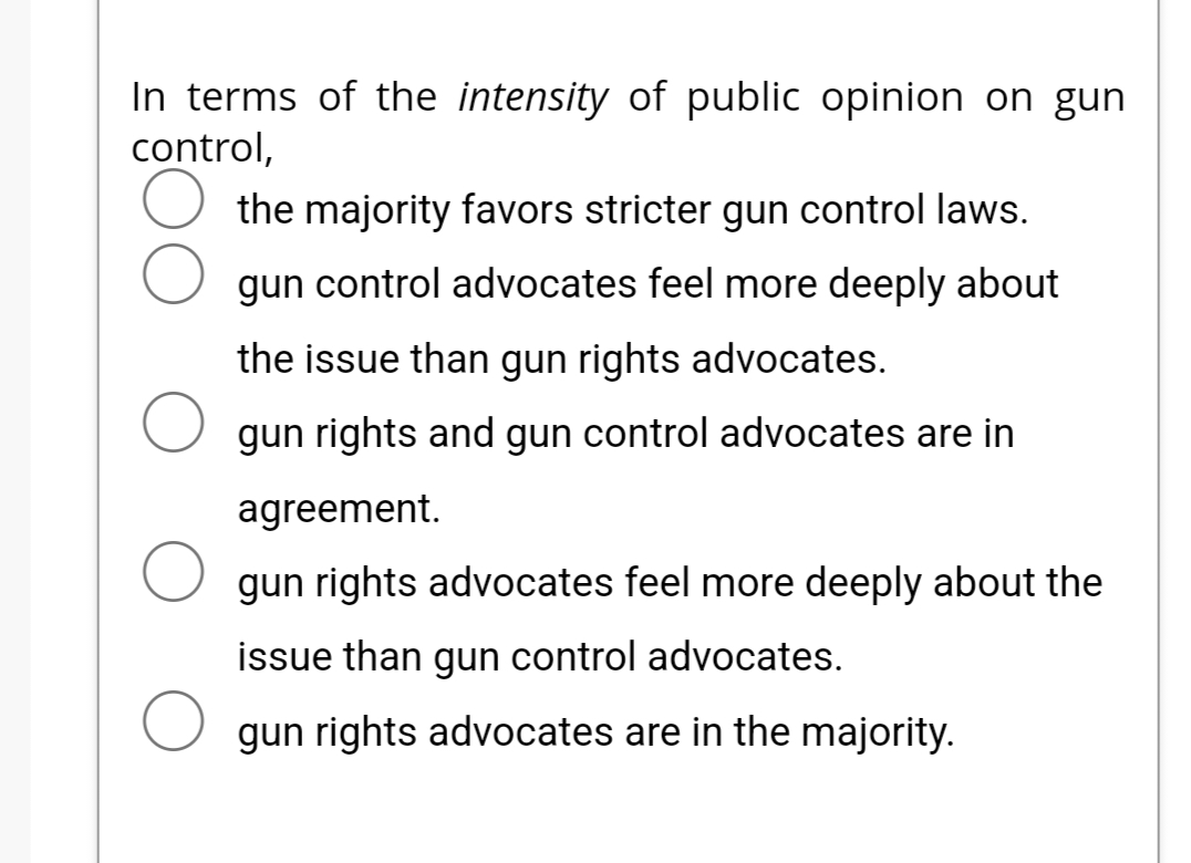 In terms of the intensity of public opinion on gun
control,
the majority favors stricter gun control laws.
gun control advocates feel more deeply about
the issue than gun rights advocates.
O gun rights and gun control advocates are in
agreement.
gun rights advocates feel more deeply about the
issue than gun control advocates.
gun rights advocates are in the majority.