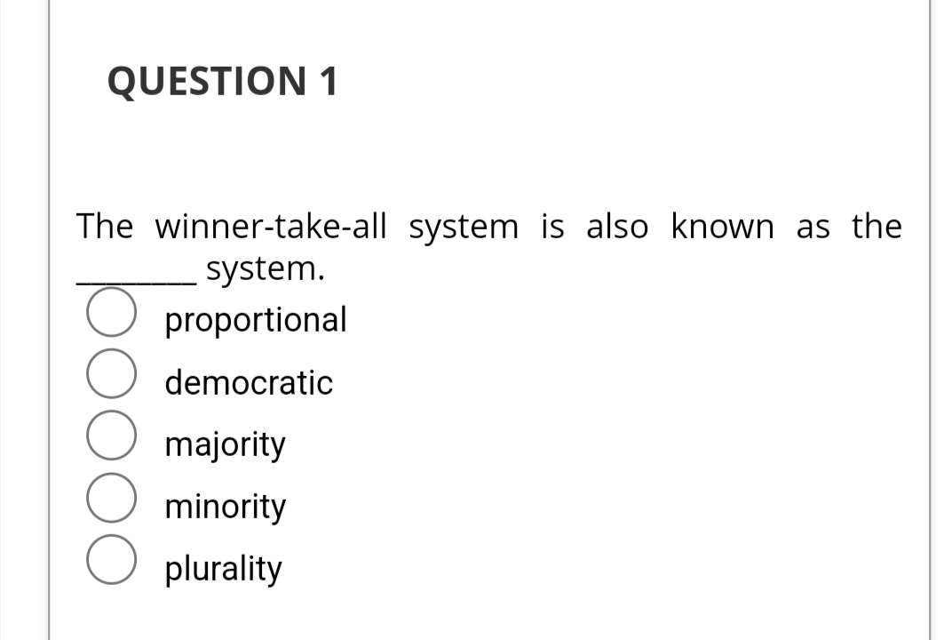QUESTION 1
The winner-take-all system is also known as the
system.
proportional
democratic
majority
minority
plurality