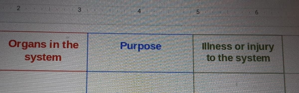 21
3.
4
5.
Organs in the
system
Illness or injury
to the system
Purpose
