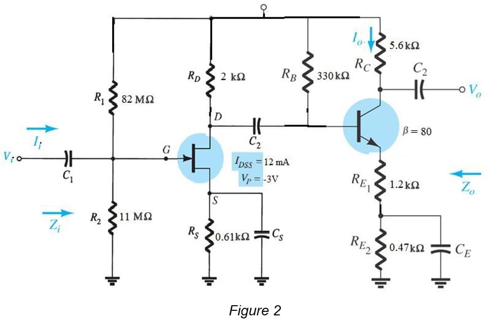 5.6k2
RC
C2
RD
2 ΚΩ
RB
330 k2
V
R1
82 M2
D
B = 80
G
Dss = 12 mA
Vp = -3V
RE
1.2 k2
Zo
S
R2
11 MQ
Z;
Rs
RE2
0.61k2
CE
0.47k
Figure 2
