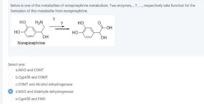 Below is one of the metabolites of norepinephrine metabolism. Two enzymes,2., respectively take function for the
formation of this metabolite from norepinephrine.
но
H2N
но
OH
но-
но
OH
он
Norepinephrine
Select one:
a.MAO and COMT
b.Cyp450 and COMT
c.COMT and Alcohol dehydrogenase
d.MAO and Aldehyde dehydrogenase
e.Cyp450 and FMO
