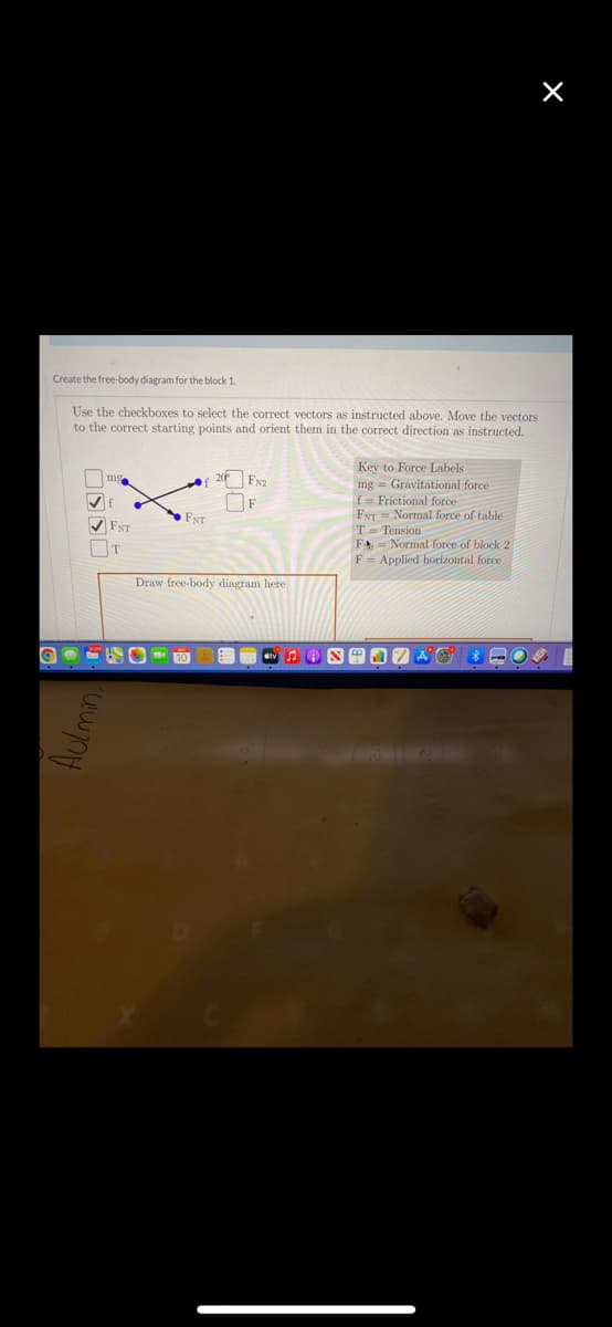 Create the free-body diagram for the block 1.
Use the checkboxes to select the correct vectors as instructed above. Move the vectors
to the correct starting points and orient them in the correct direction as instructed.
Key to Force Labels
mg = Gravitational force
f= Frictional force
FyT = Normal force of table
T= Tension
FA = Normal force of block 2
F = Applied horizontal force
mg
FNT
V FNT
T
Draw free-body diagram here
