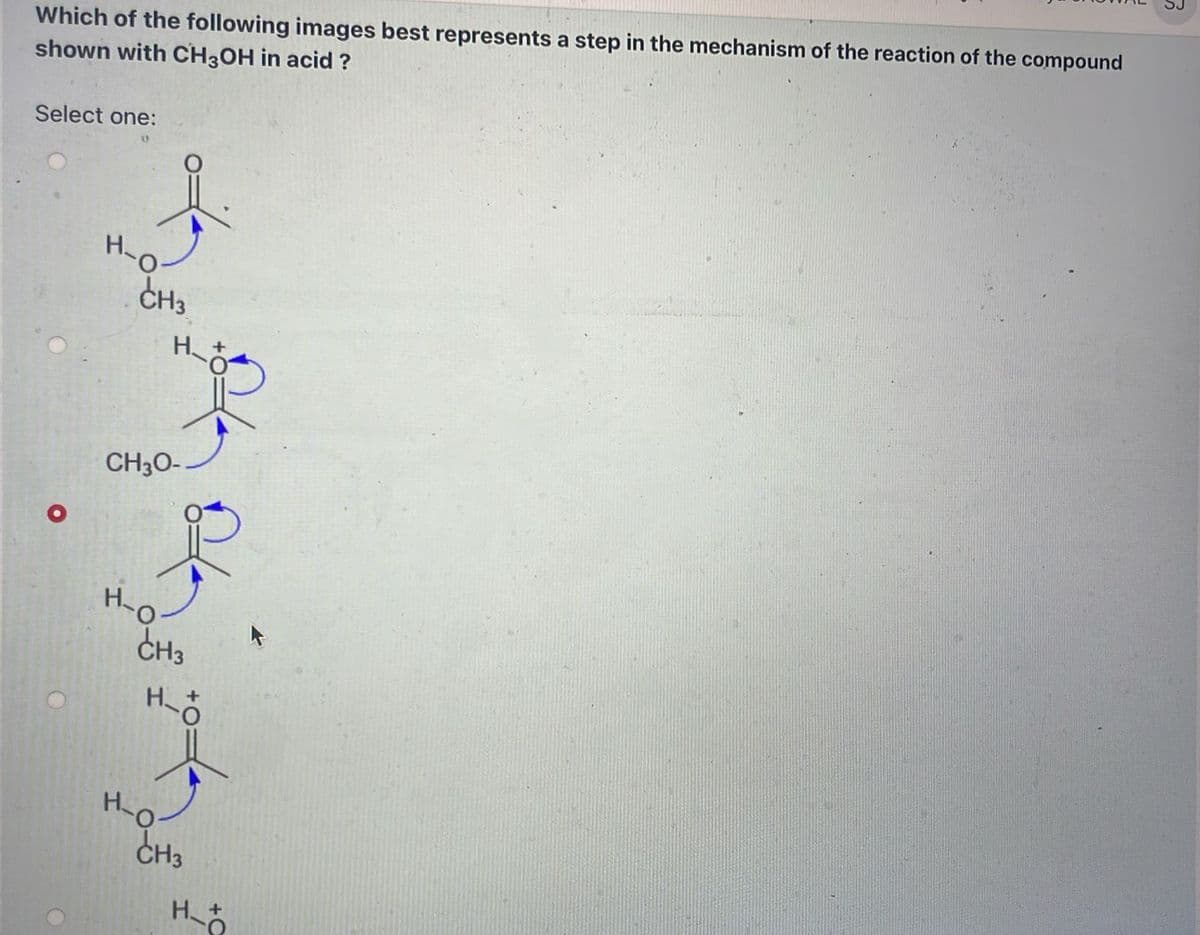 Which of the following images best represents a step in the mechanism of the reaction of the compound
shown with CH3OH in acid?
Select one:
H-O
CH3
CH3O-
H
CH3
Hô
Ο
H-O
CH3
H-