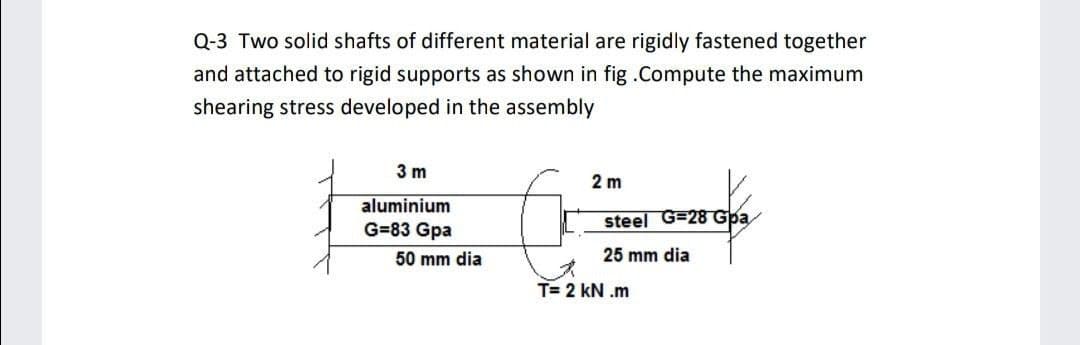 Q-3 Two solid shafts of different material are rigidly fastened together
and attached to rigid supports as shown in fig .Compute the maximum
shearing stress developed in the assembly
3 m
2 m
aluminium
G=83 Gpa
steel G=28 Gpa
50 mm dia
25 mm dia
T= 2 kN .m
